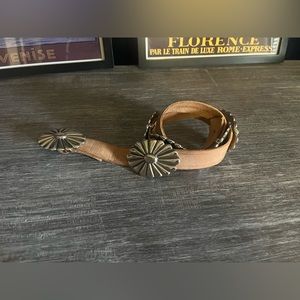 Vintage light brown suede disc belt for women with silver oval buckle